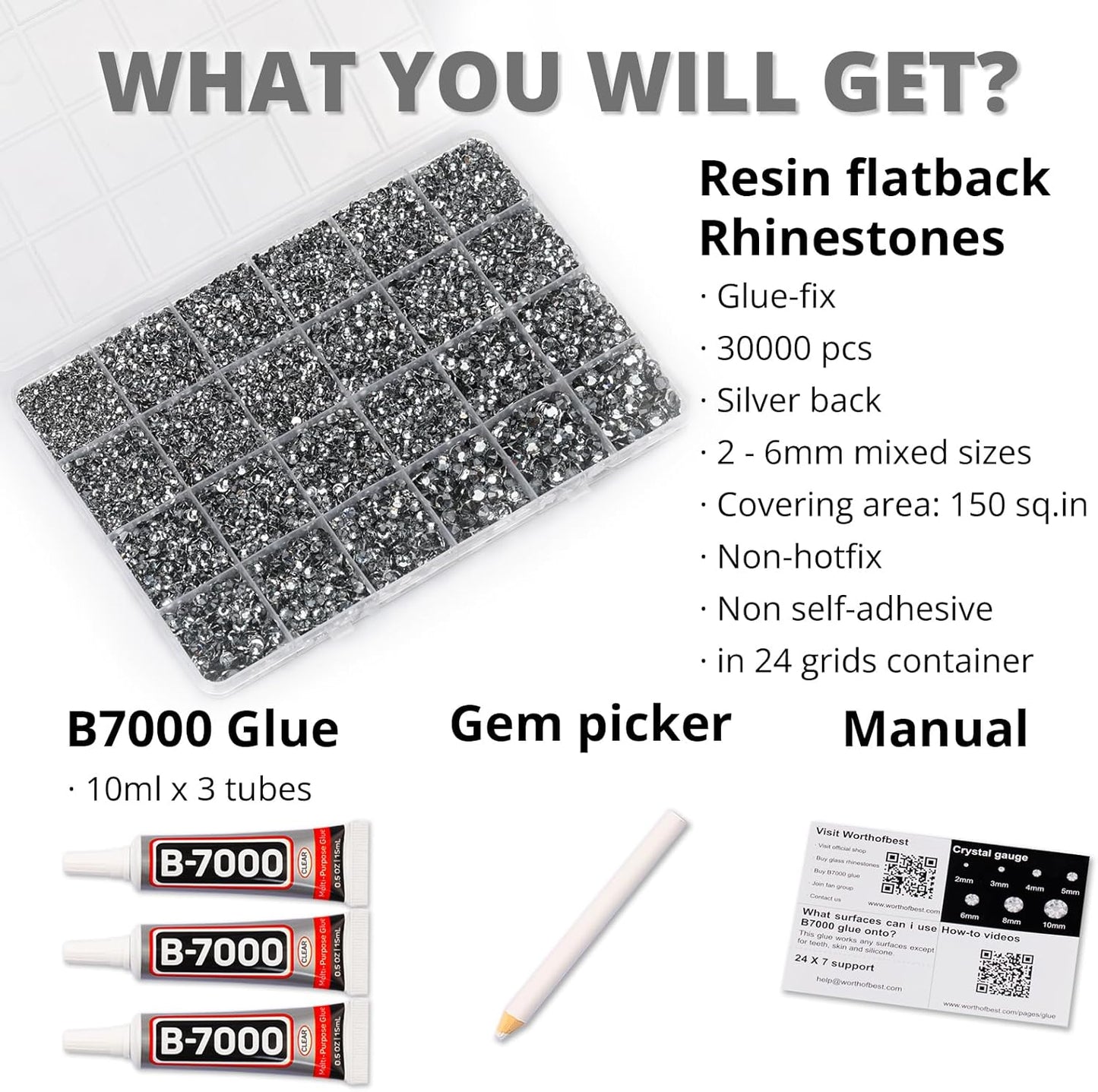 30000Pcs Resin Rhinestones Set for Crafting Bedazzling, Grey Flatback Gems Jewels for Crafts Clothes Shoes Fabric Outfit Nails Makeup, Gray Flat Back Crystal 2-6mm with b 7000 Glue