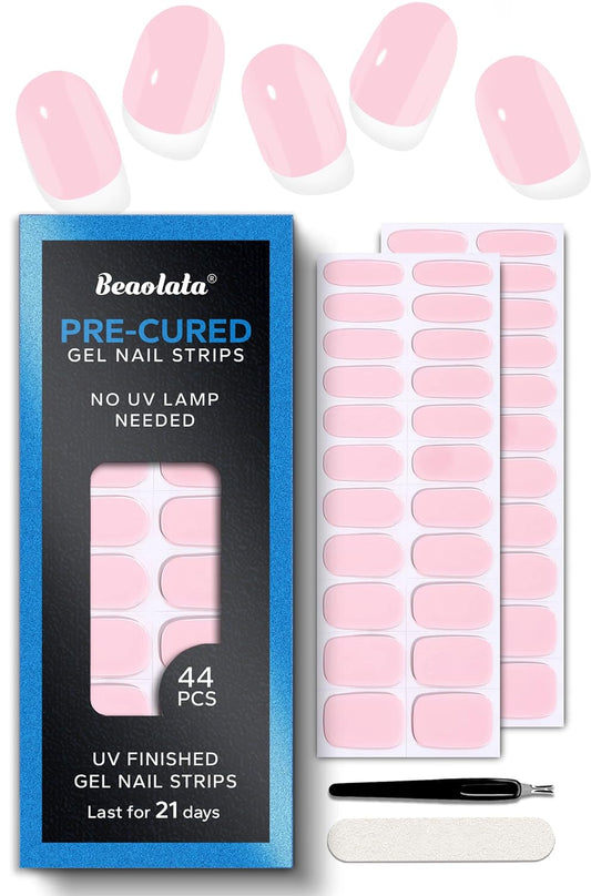 Pre Cured Gel Nail Strips - 44PCS Salon Quality Gel Nail Stickers - Long Lasting Polish Wraps for Women no UV Light Needed Easy Apply& Remove (Nordic Pink）