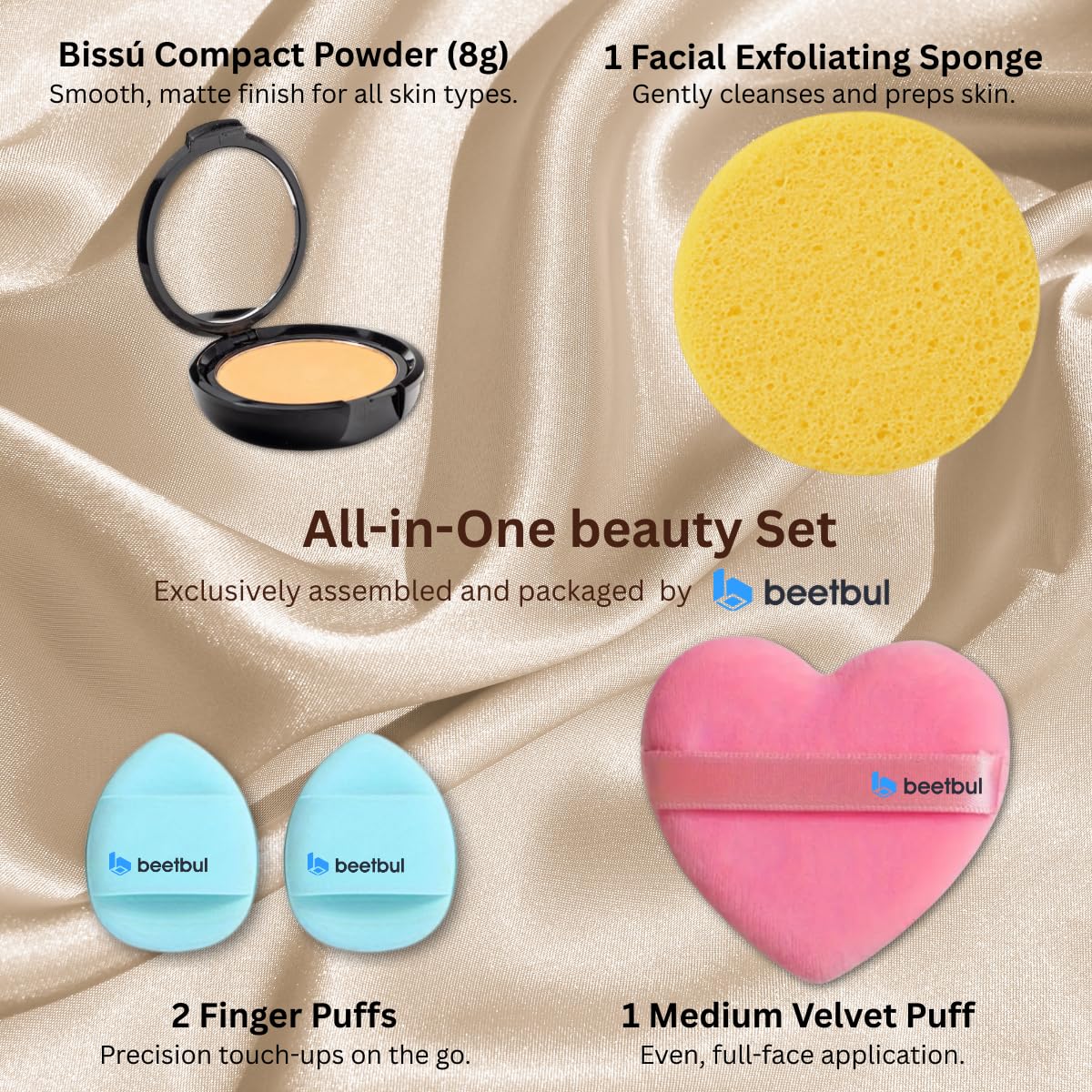 Beetbul Makeup & Exfoliation Kit - Bissú Compact Powder + 1 Medium Velvet Puff + 2 Finger Puffs + 1 Facial Exfoliating Sponge (10 Honey, One Size)