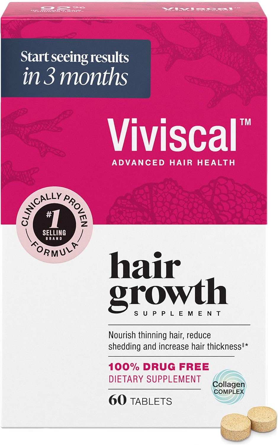 Viviscal Hair Growth Supplements For Women For Thicker, Fuller Hair, Nourishes Thinning & Loss, With Proprietary Collagen Complex, 60 Tablets, 1 Month Supply
