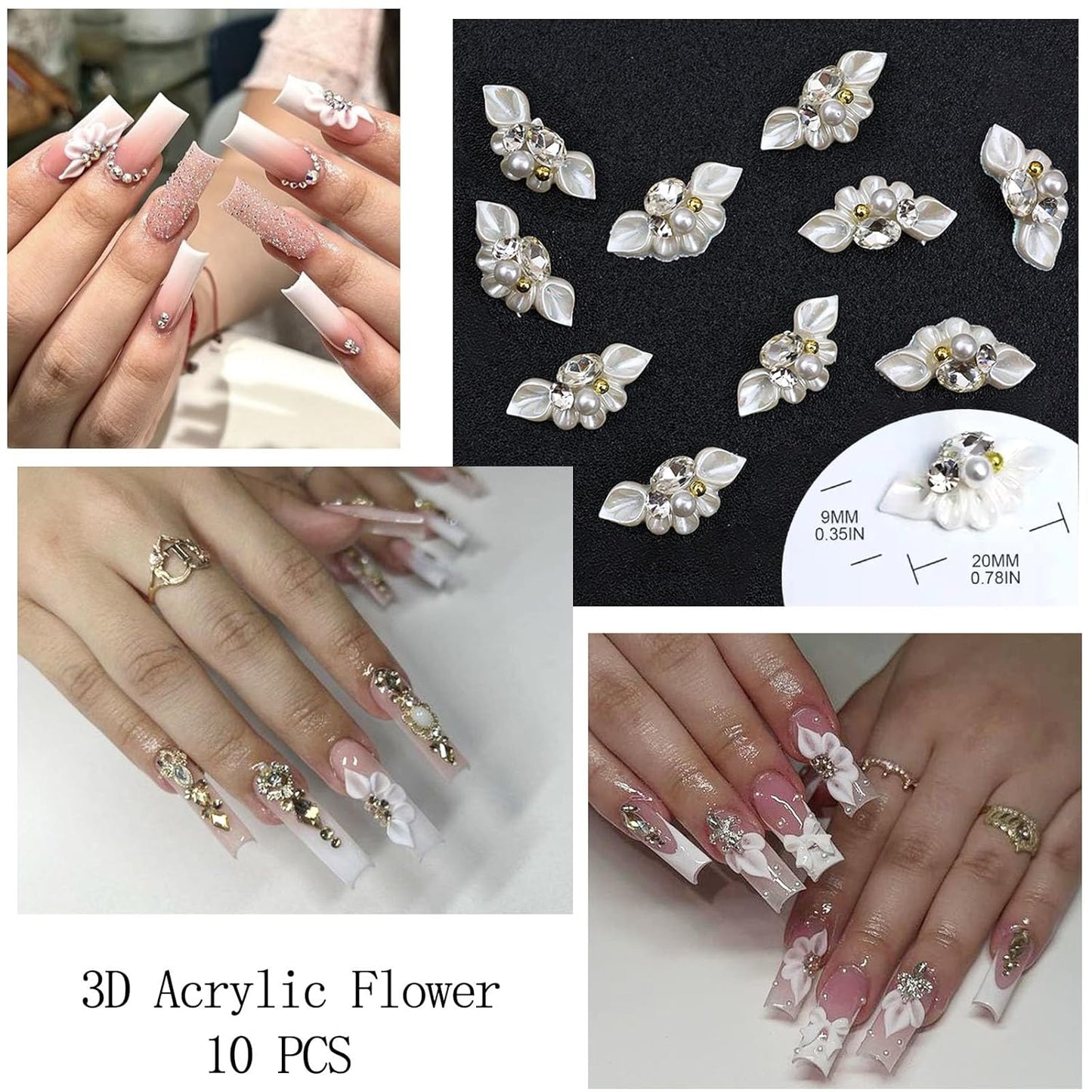Rhinestones for Nails, Nail Art Charms 3D Flower Nail Charms for Acrylic Nails White Gold Supplies Luxurious Gems Rhinestones Pearls Design Accessories for Women Manicure Decorations