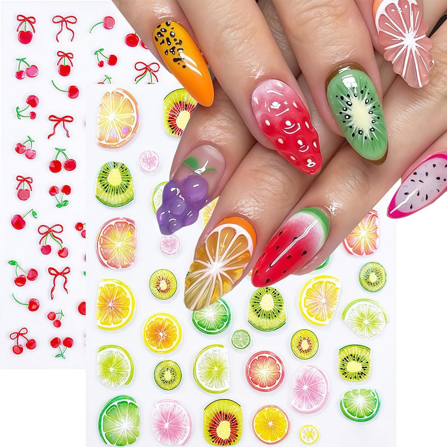 Summer Nail Art Stickers Fruits Nail Sticker 3D Self-Adhesive Shiny Lemon and Cherry Design Nail Decals DIY Salon Acrylic Nail Art Decoration Accessories for Women Vacation Nails