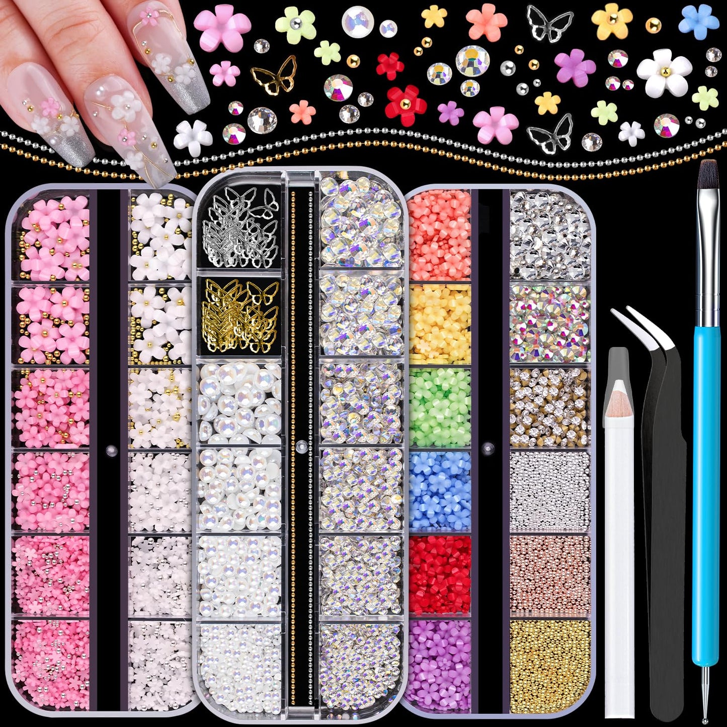 3D Nail Charms, Butterfly White Pink Acrylic Flower Starry AB Gemstones Caviar Beads Half Round Pearl, Flat Back Glass Crystal AB + Clear Round Gems Rhinestones for Nails with Pickup & Dotting Tools