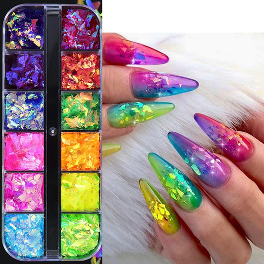 12Grids Holographic Mermaid Colorful Nail Art Glitter,Irregular Rainbow Candy Color Nail Art Flakes Sequins Gradient Bright Ice Slag Nail Sequins Summer Metallic Foil Nail Supplies DIY Nail Decoration
