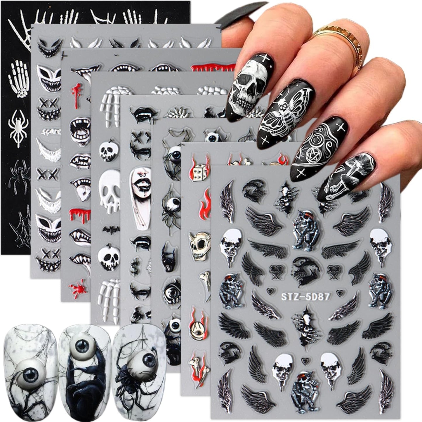 5D Halloween Nail Art Sticker - Embossed Horror Ghost & Skull Decals with Flame, Spider Web, Bat, Evil Eye & Skeleton Designs - Self-Adhesive for Women - 8 Sheets