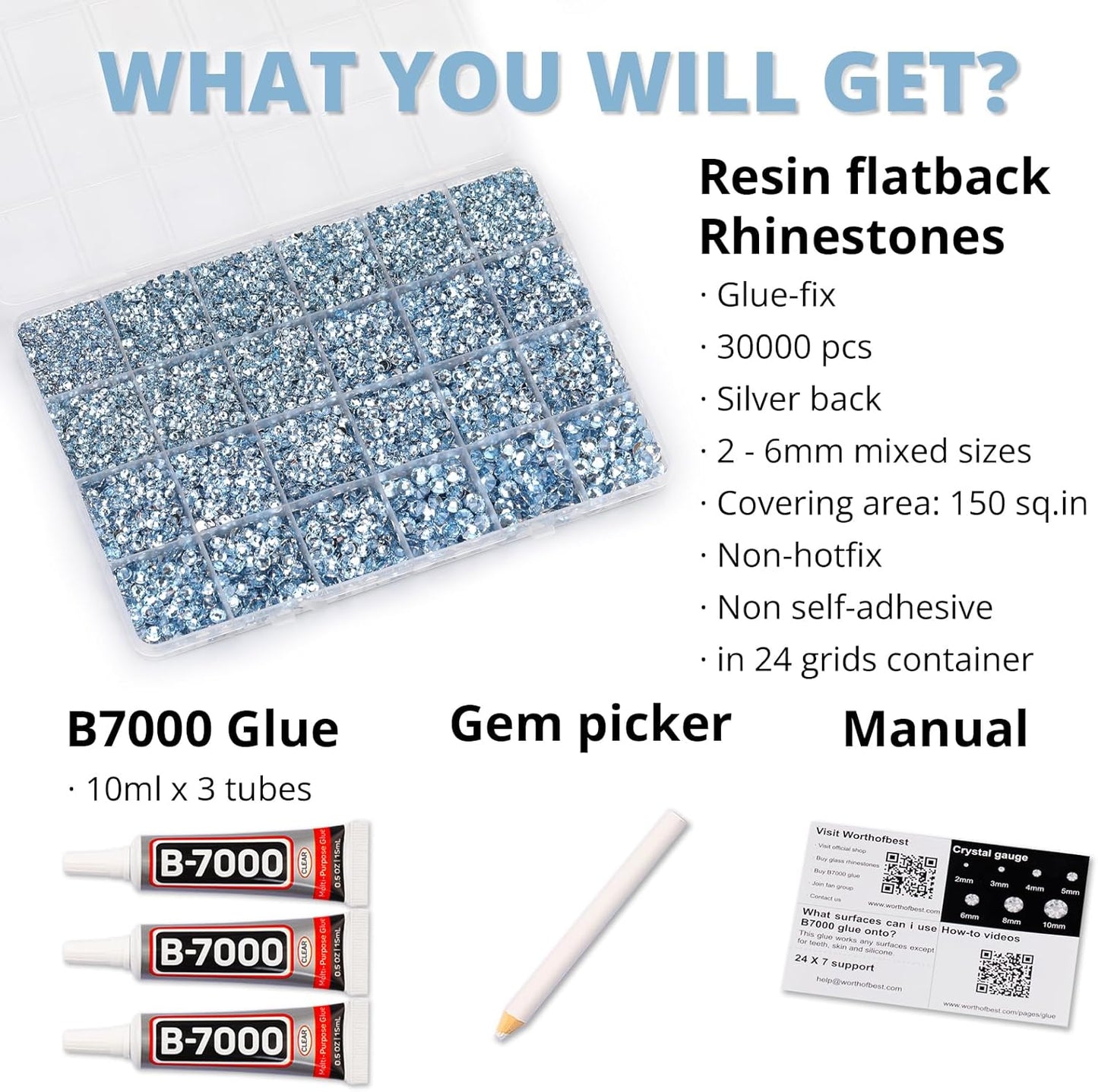 30000Pcs Resin Rhinestones Set for Crafting Bedazzling, Light Blue Flatback Gems Jewels for Crafts Clothes Shoes Fabric Outfit Nails Makeup, Flat Back Crystal 2-6mm with b 7000 Glue