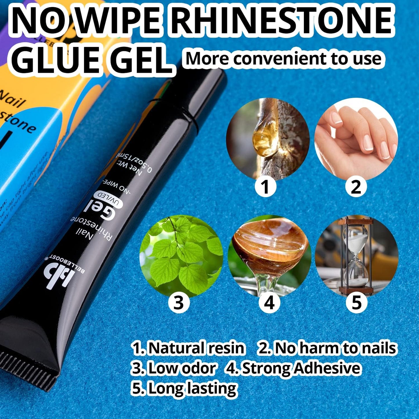 Nail Art Rhinestone Glue Gel&Flatback Gems Accessories Kit, 1 Tube of 15ml Rhinestone Gel Glue(UV/LED Needed)+1 Box of Flat-Back Round Mixed Color Gemstones with Pickup Pencil and Tweezer