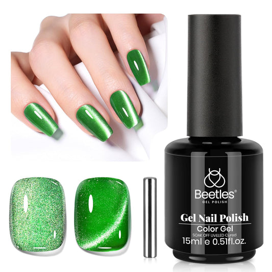 Beetles Green Cat Eye Gel Polish, 15ML Summer Emerald Green Gel Nail Polish with Magnet Soak Off UV Shimmer Velvet Gel Enchanted Glimmer Series French Nail Art Manicure Gifts for Women
