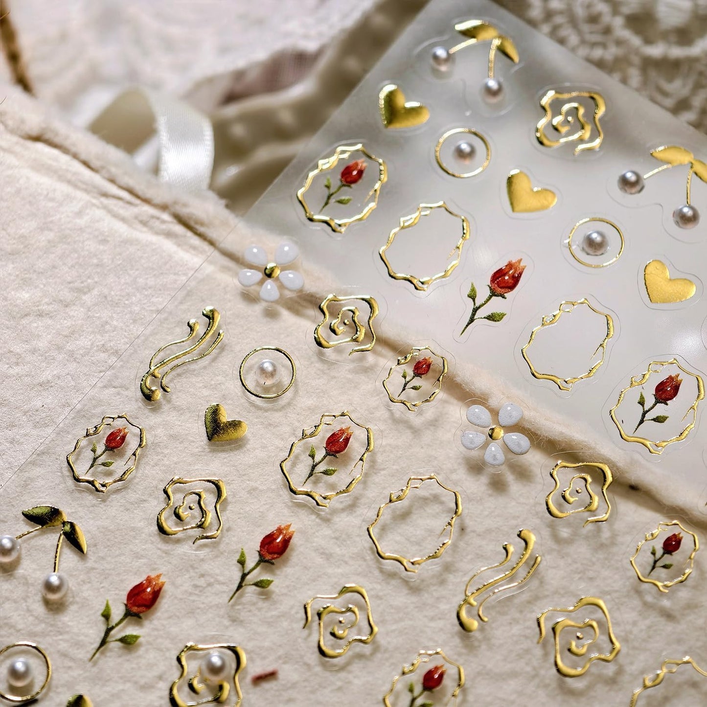 Tulip Nail Art Stickers 5D Embossed Flower Pearl Cherry Nail Stickers, Self-Adhesive Durable Nail Art Decals for Women Girls, Nail Wraps Decoration Manicure for DIY Acrylic Nail Accessories