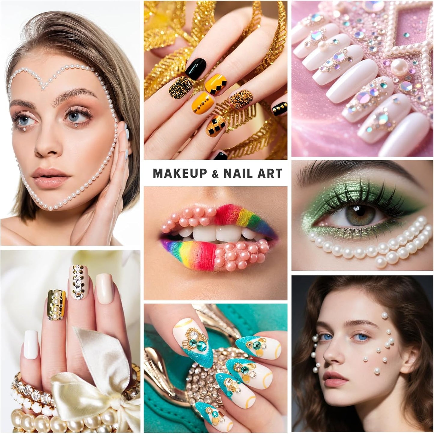 80g Mix Flatback Pearls and Rhinestones for Crafts Champagne Gold Mixed Size 2mm-10mm Half Round Pearls Rhinestones for Nail Art Tumblers Shoes DIY Bedazzling with Tweezers Wax Pen