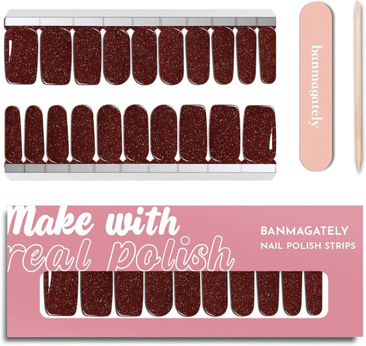 Nail Polish Strips, 20Pcs Salon Quality Gel Nail Stickers, Easy Long Lasting Wraps for Short Nails no UV Light Needed (Glitter Deep Scarlet)