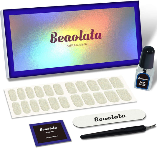 Nail Polish Strips, 44PCS Salon Quality Wraps with Top Coat, Long Lasting Gel Nail Stickers for Women Easy Apply& Remove (Glistening Waves Gold)