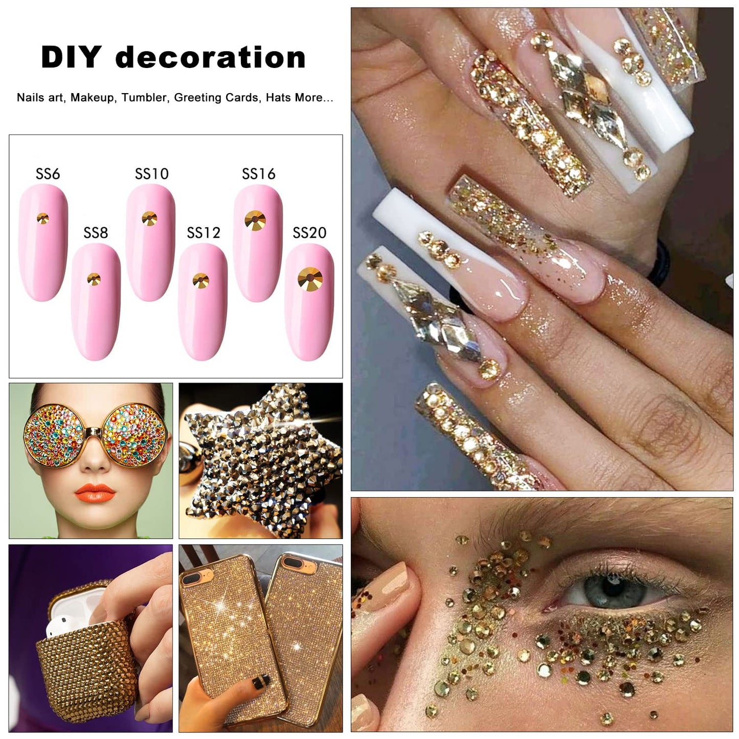 4240Pcs Gold Flatback Rhinestones 6 Sizes Crystal Diamonds for Nail Art Crafts Clothes Shoes with Tweezers and Picking Pen