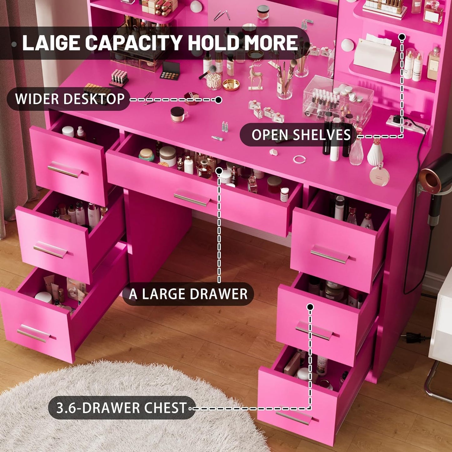 Furmax Vanity Desk with Mirror, LED Lights and Power Outlet Makeup Vanity Table with 7 Drawers and 6 Storage Shelves Dressing Table for Bedroom Dressing Room (Rose Pink)