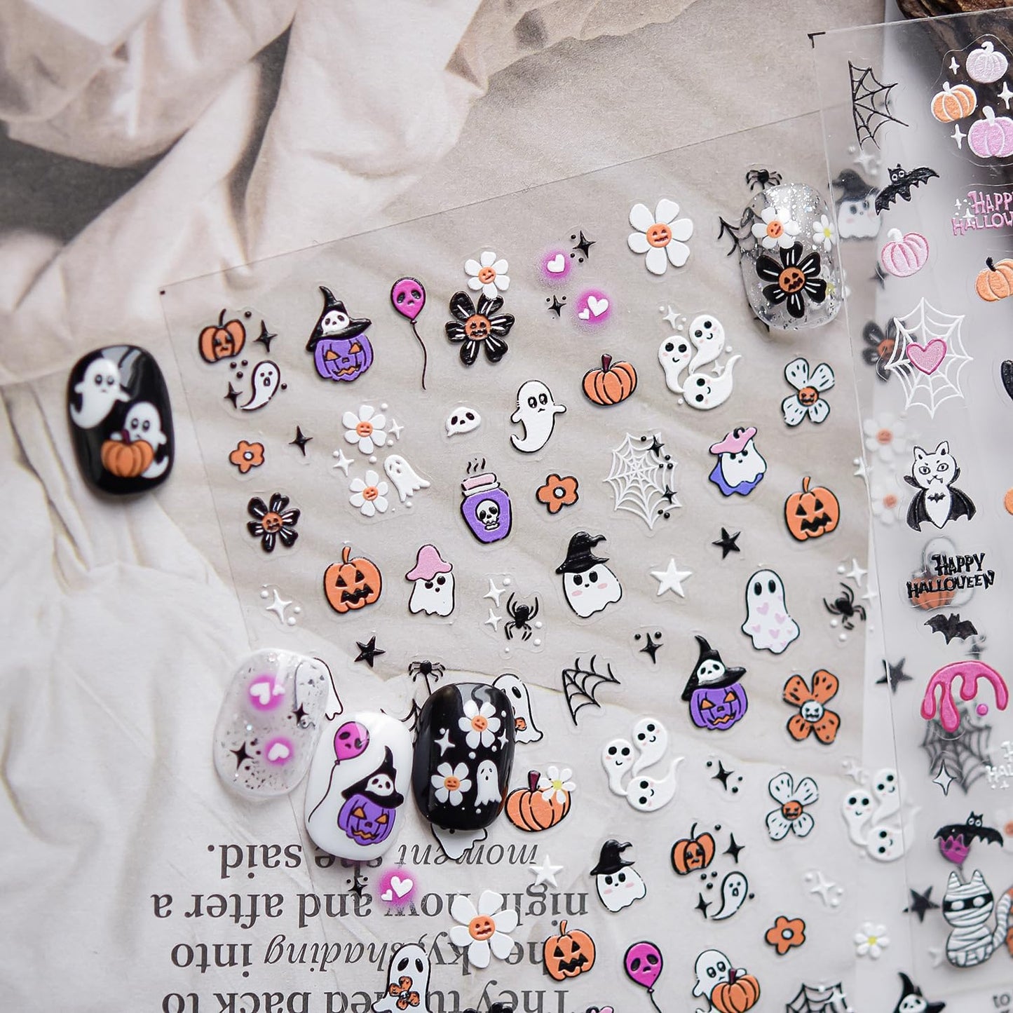 Halloween Nail Stickers for Nail Art Cute Ghost Pumpkin Flower Nail Art Stickers 5D Embossed Nail Decals 3D Self-Adhesive Nails Supply Manicure Sliders for Nails Decoration