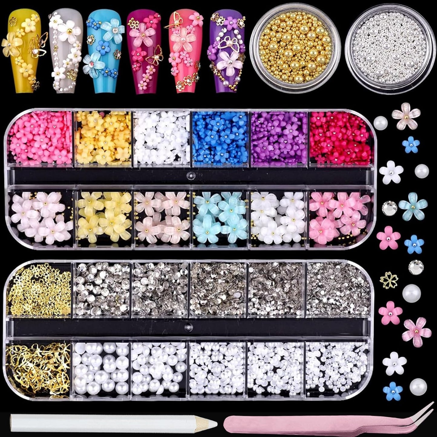 Nail Art Pearls Flatback Rhinestones Flower Nail Charms Gold Silver Beads White Half Round Supplies Luxurious Design Jewelry DIY Crafts Accessories for Women Manicure Decorations