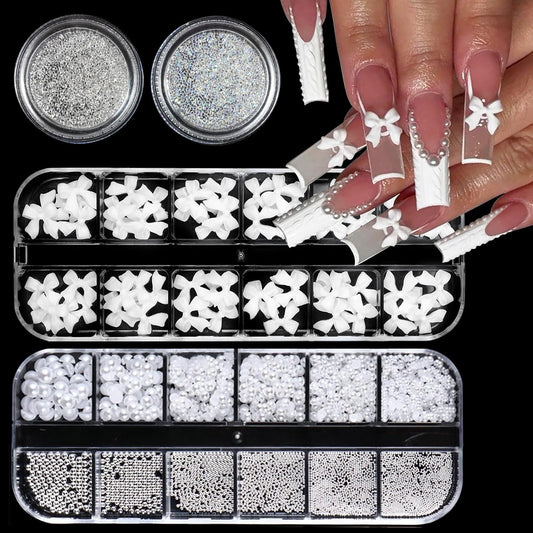 Nail Art Pearls Flatback Rhinestones Bow-Knot Nail Charms Silver Beads White Half Round Supplies Luxurious Design Jewelry DIY Crafts Accessories for Women Manicure Decorations