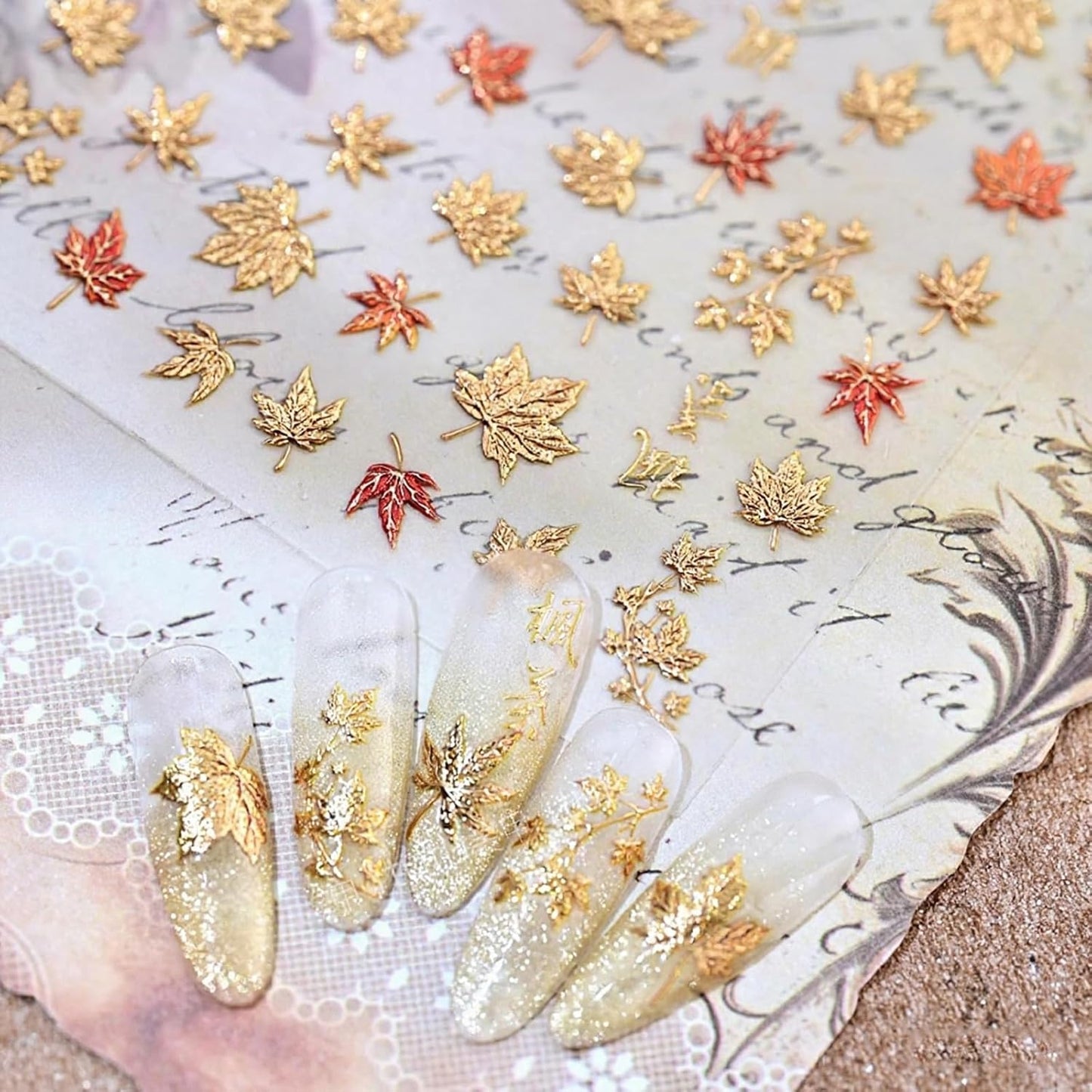 Fall Nail Art Stickers Autumn 5D Maple Leaf Nail Decals Thanksgiving Day Nail Decorations Supplies Gilding Maple Leaf Nail Art Sticker Fall Stickers for Women Girls Nails Manicure Decor 1Sheet