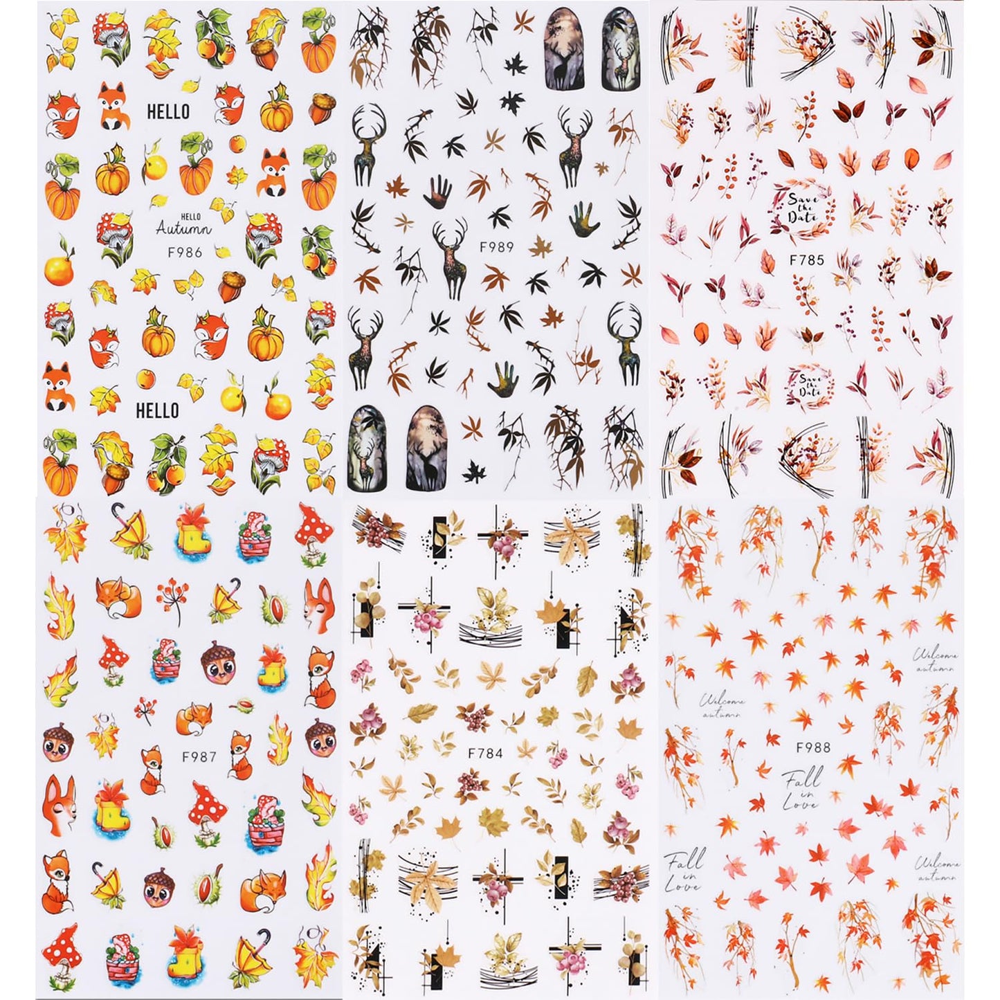 6Sheets Fall Nail Art Stickers Gold Yellow Maple Leaf 3D Self-Adhesive Nail Decals Cute Squirrel Elk Designs Autumn Nail Decorations Thanksgiving Nail Supplies for Women Girls DIY Nail Accessories