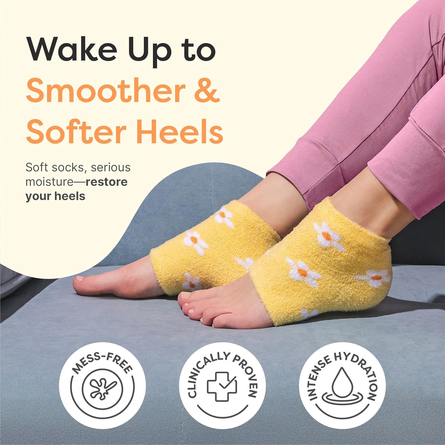 ZenToes Moisturizing Socks for Cracked Heel Treatment - Vitamin E, Olive Oil and Jojoba Oil Infused Heel Socks to Soften and Hydrate (Yellow & White Daisies, Regular)