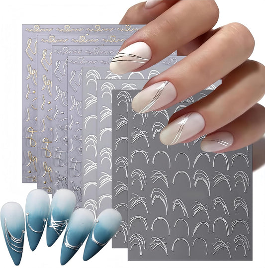 8 Sheets French Line Nail Art Stickers 3D Self-Adhesive Exquisite Gold and Silver White Metallic Designs Nail Decals Irregular French Line Nail Supplies for Women and Girls DIY Nail Art Decoration