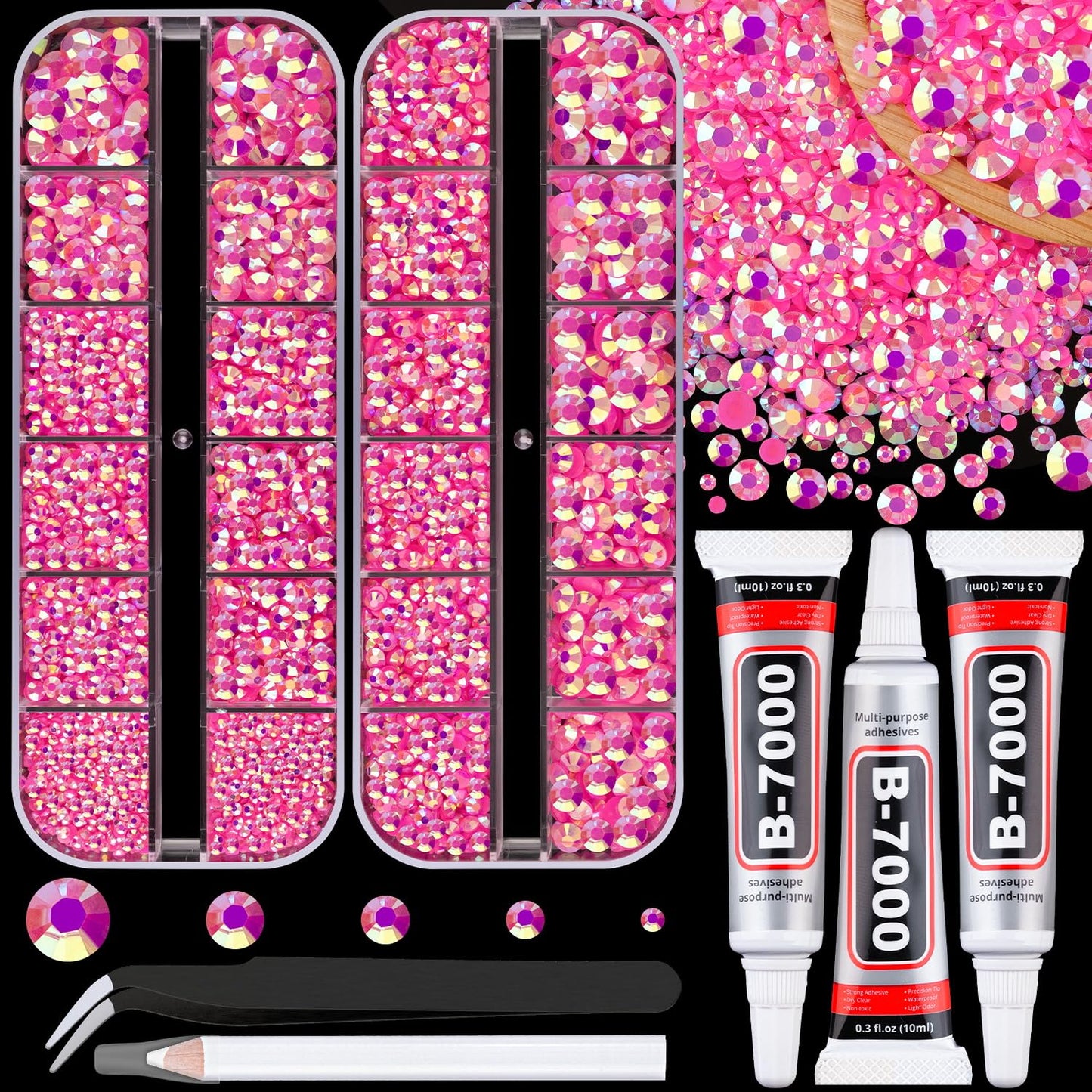 Resin Jelly Rhinestones for Crafting with B7000 Jewelry Glue, 2 Boxes Hot Pink AB Flatback Crystals with 3Pcs 10ml Glue, Bedazzling Non Hotfix Gems for DIY Tumblers Clothing Shoes Manicure