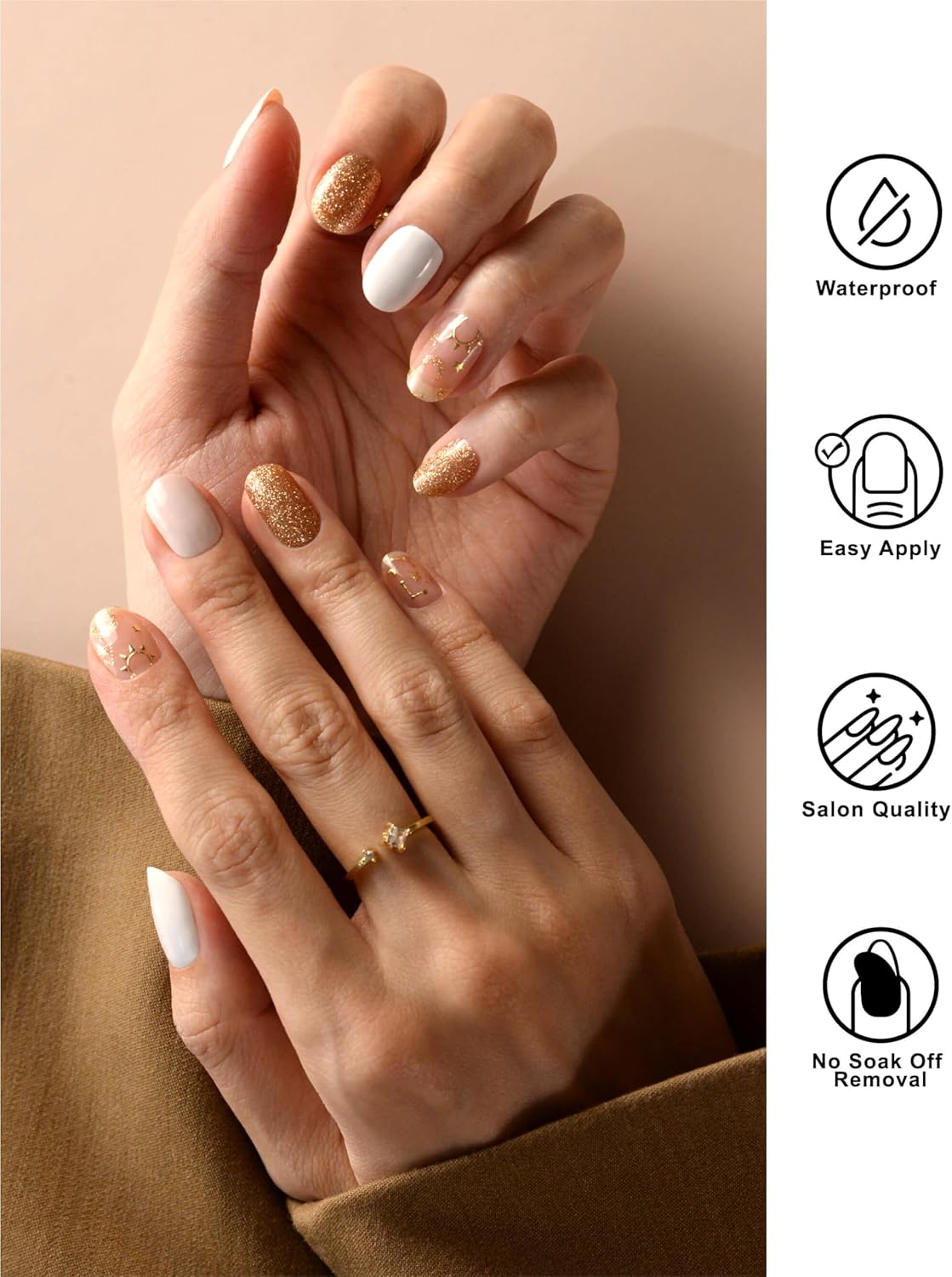 Nail Polish Strips, 44PCS Salon Quality Wraps with Top Coat, Long Lasting Gel Nail Stickers for Women Easy Apply& Remove (Planetesimal Pink&Gold)