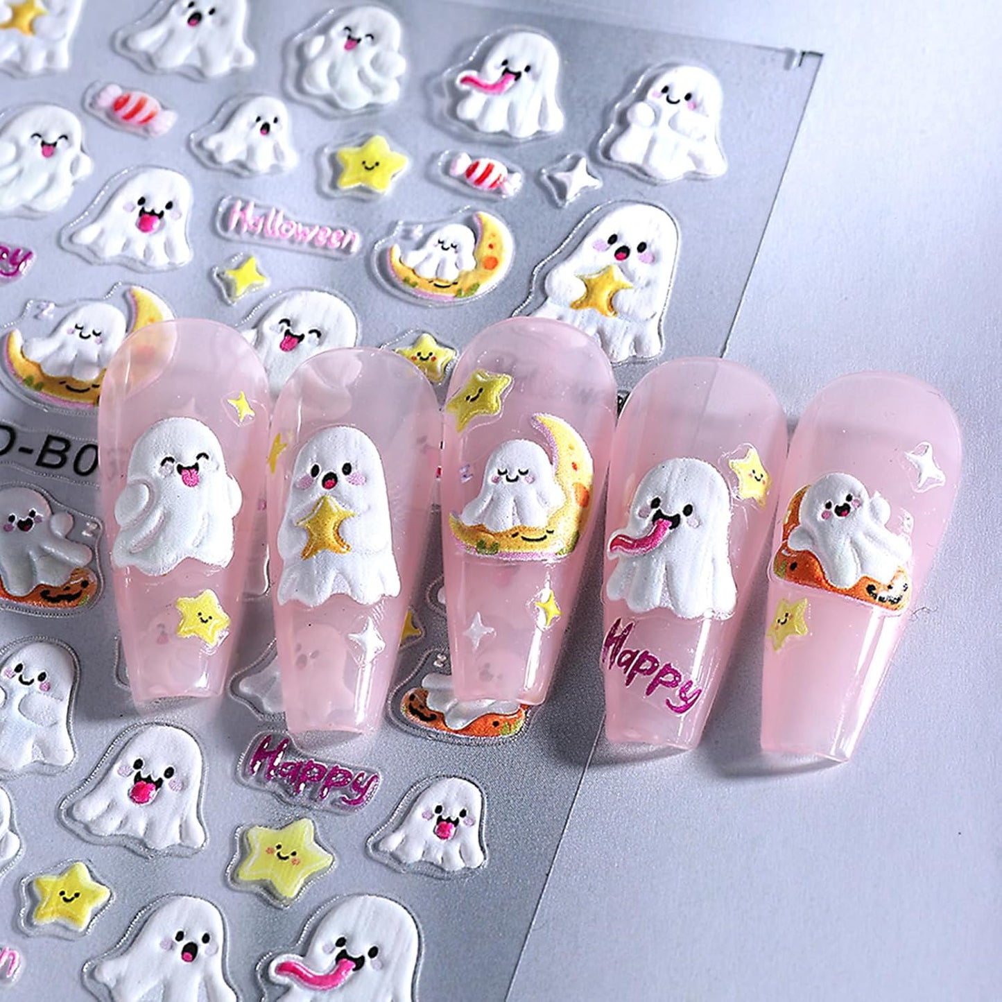 3 Sheets Halloween Nail Art Stickers 5D Embossed Nails Sticker Star Pumpkin Bat Spider Design Cute Ghost Nail Stickers for Women Girls Nail Decoration