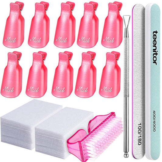 Teenitor Nail Gel Remover Tools Kit with Pink Polish Remover Clips, Cuticle Peeler Scraper, Gel Nail Brush, 115 Pack Nail Wipe Cotton Pads, Nail File Grits 120/180 Buffer Block Grits 400/4000 Rose