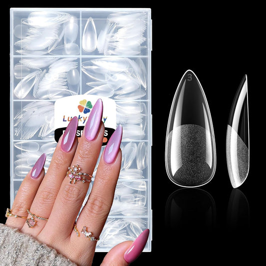 Long Almond Nail Tips: 504pcs Full Cover Soft Gel Nail Tips, 12 Sizes Pre-Etched Half Matte Almond Press on Nails No C Curve For Nail Extensions Home Salon