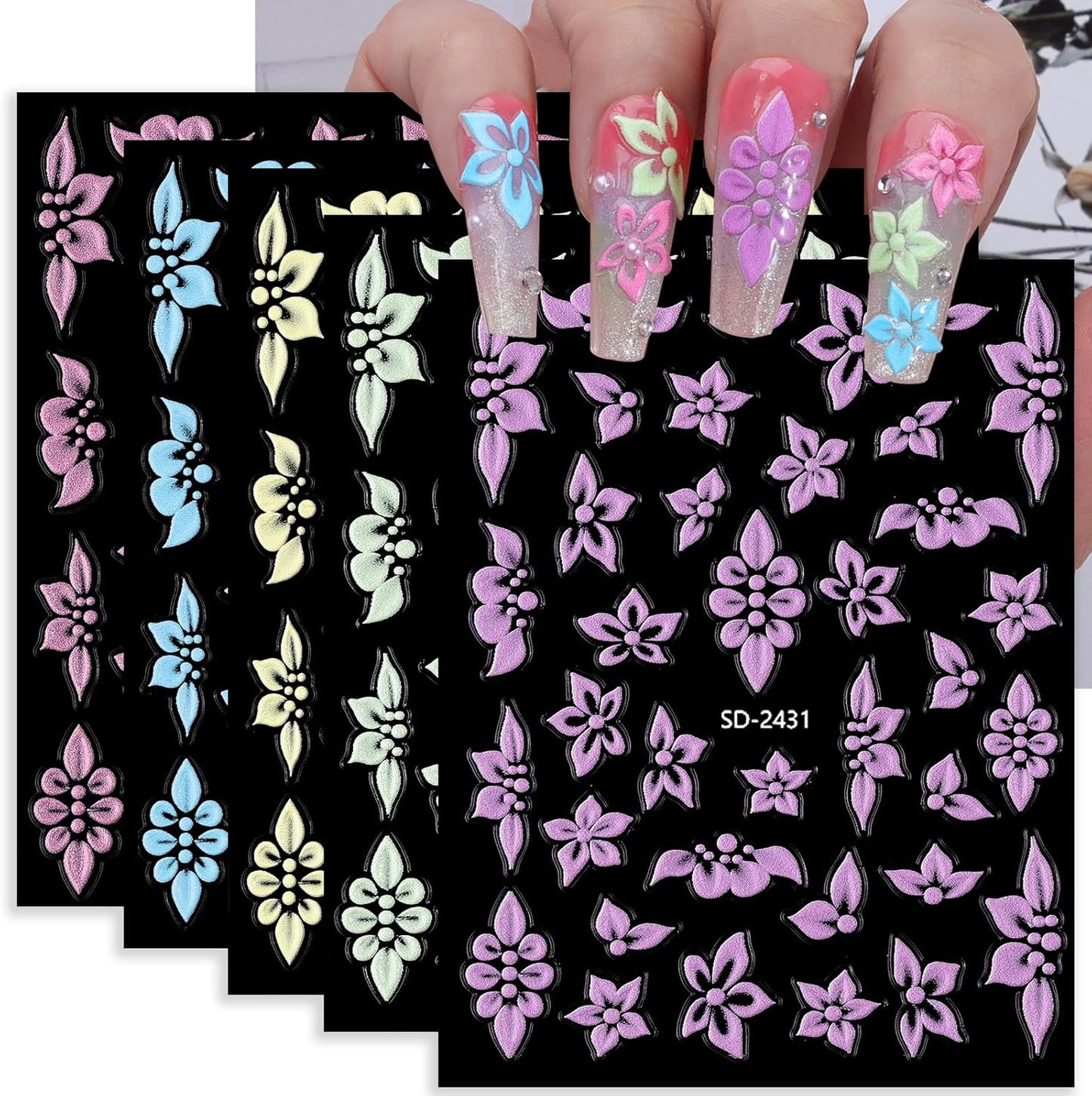 Flower Nail Stickers 5 Sheets Self-Adhesive Floral Nail Decals 5D Embossed Pink Purple Blue Nail Art Stickers Flower Pegatinas para Uñas for Women DIY Manicure Accessories Decorations
