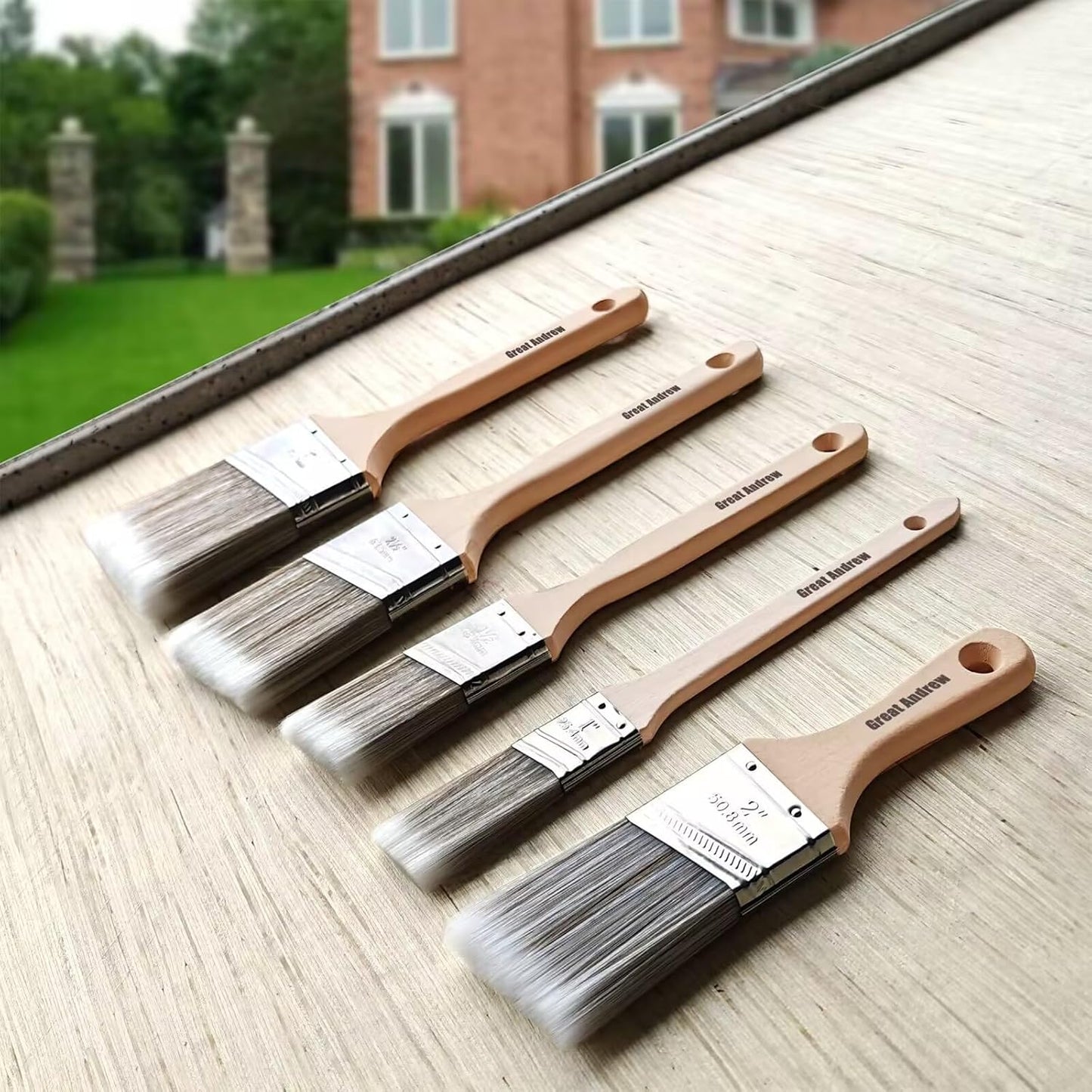 Great Andrew 10 Pack Paint Brushes with Wood Handle (1" 1.5" 2" 2.5" 3"), Angle Sash Brushes for Trim, Walls, All Latex, Oil Paints & Stains, Interior & Exterior Home