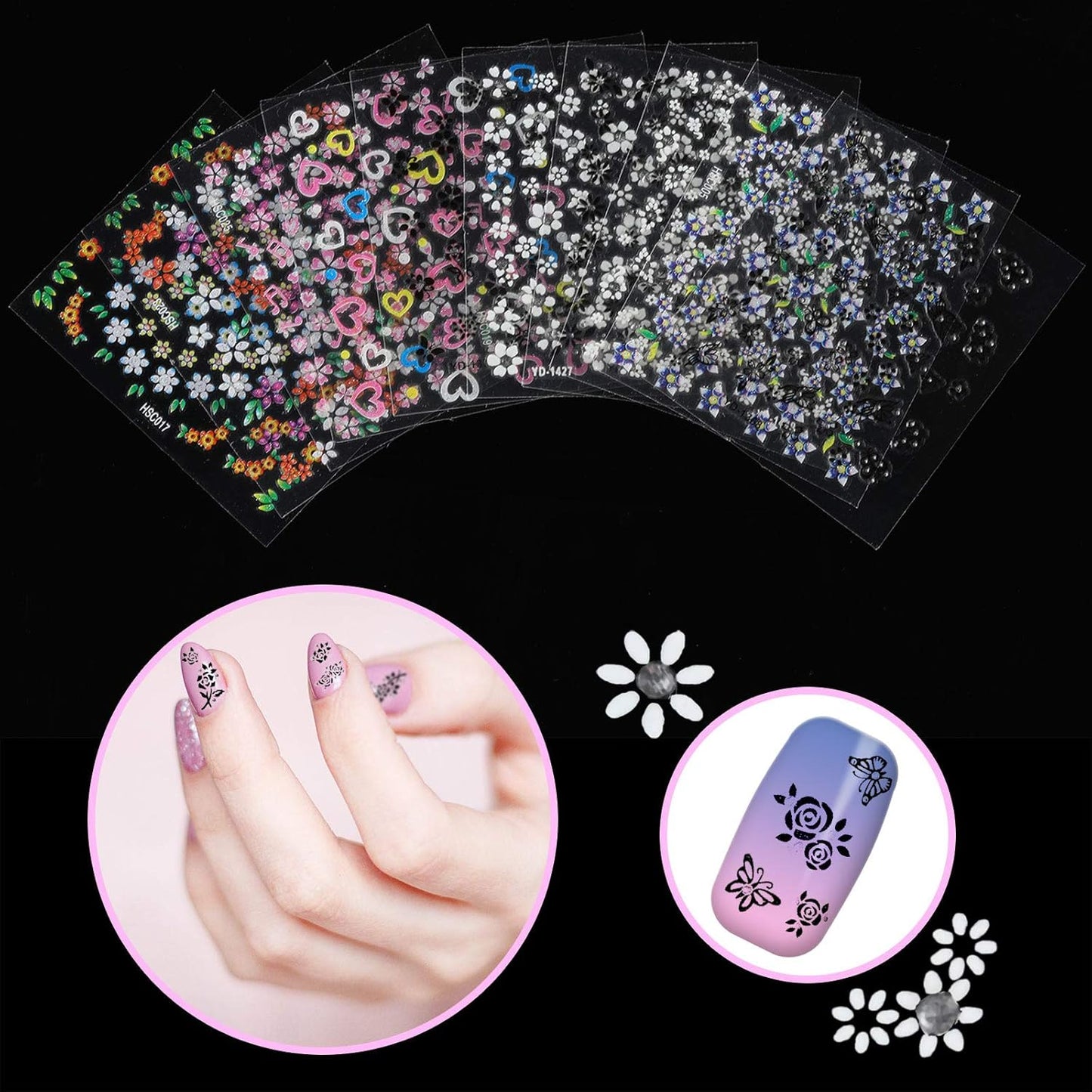 Blulu 5000 Pcs Flower Nail Stickers 100 Sheets 3D Self Adhesive Nail Stickers Multi Design Decals Multicolor Flower Manicure Decals with Tweezer(Classic-Chic Floral Series)
