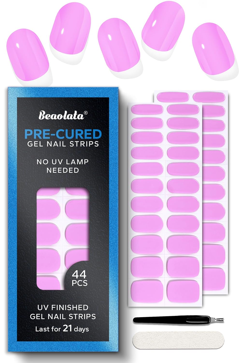 Pre Cured Gel Nail Strips - 44PCS Salon Quality Gel Nail Stickers - Long Lasting Polish Wraps for Women no UV Light Needed Easy Apply& Remove (Macaron Pink）