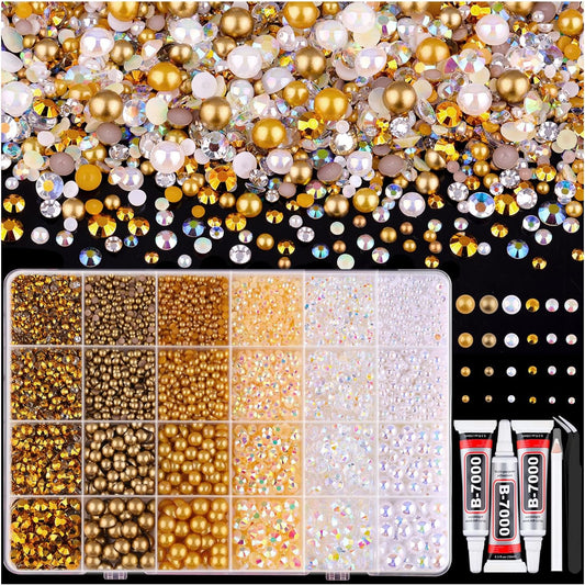 9000PCS Flatback Pearls and Rhinestones for Crafting, White Brown 3-10mm Resin Rhinestones and Half Pearls for Bedazzling, Nail Art and Dec with 3pcs B7000 Jewelry Glue, Tweezer and Pickup Pencil