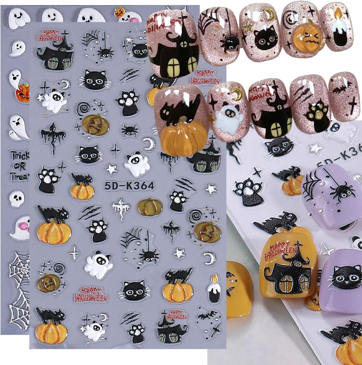 2Sheet Halloween Nail Art Stickers 5D Relief Cartoon Ghost Cat Dark Self-Adhesive Sticker Nail Decals Cute Ghost Pumpkin Pattern Nail Art Slider DIY for Women Girl Cute Halloween Nail Decoration
