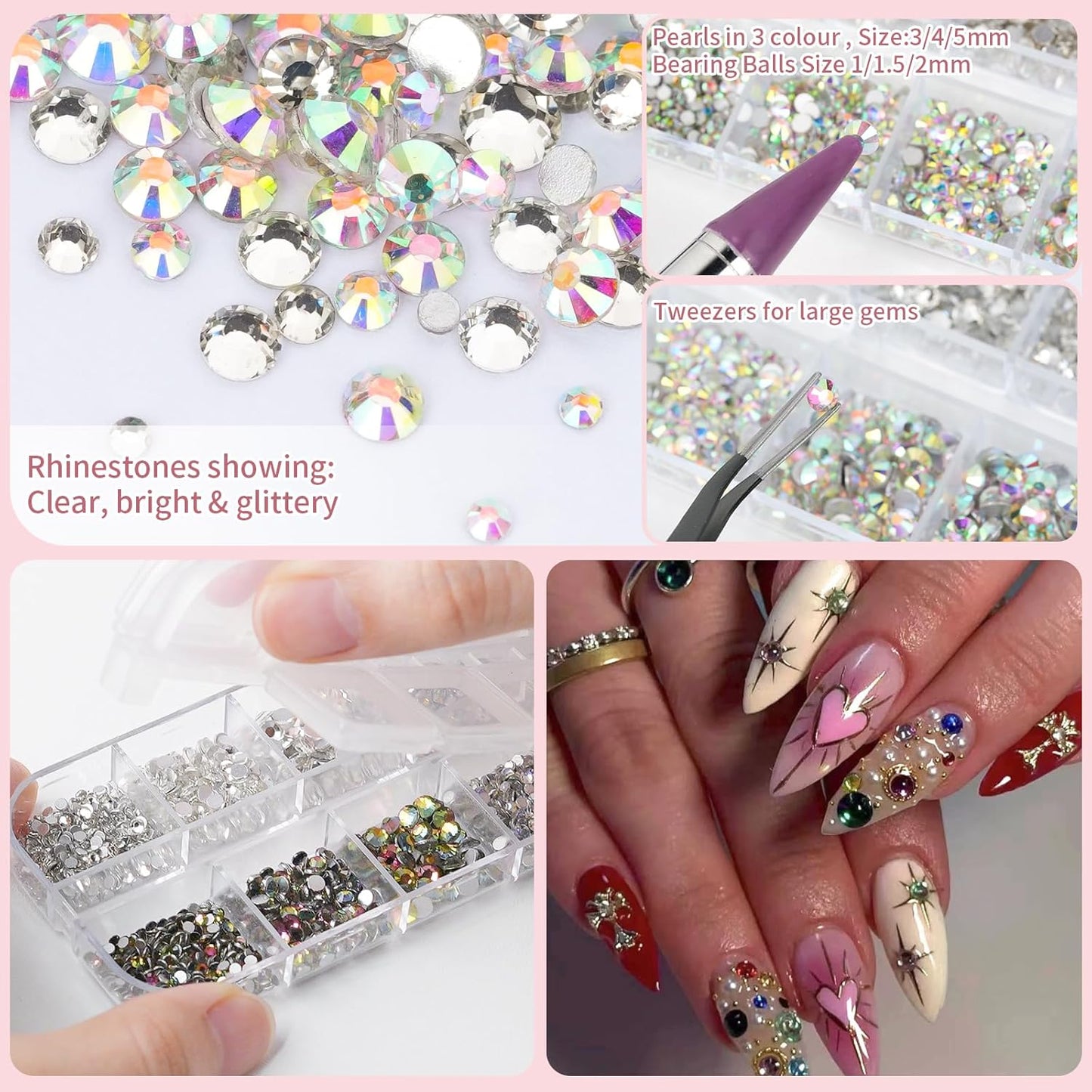 5200PCS Nail Gems and Charms, AB Crystal Nail Rhinestones with Flatback Nail Pearls, Pick Up Tweezers, Rhinestone Picker Tool, Flat Back Nail Gems for Nail Art, Clothes, Face, Craft