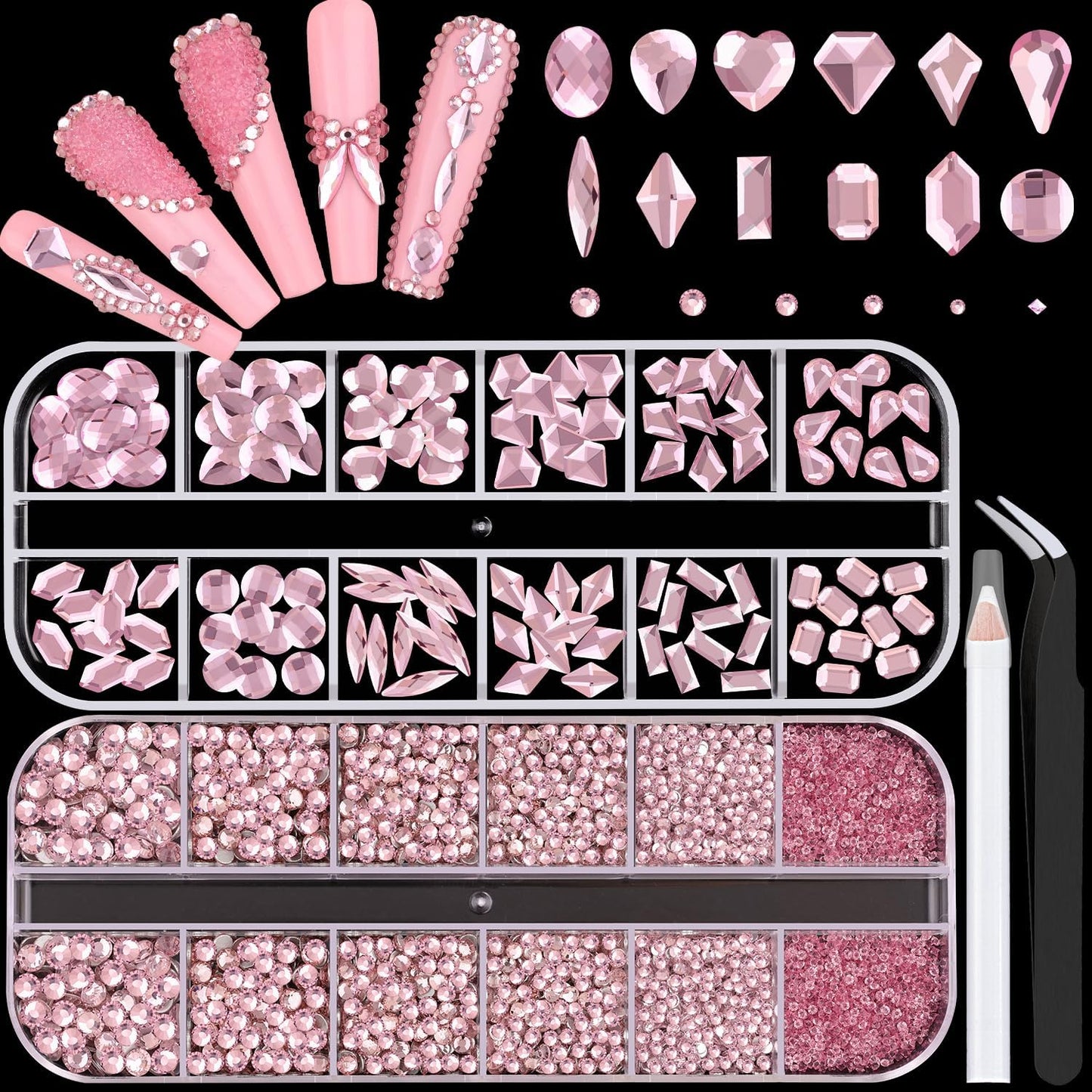 2680Pcs Pink Glass Nail Rhinestones 120Pcs Multi Shapes Flatback Nail Gems + 2560Pcs 1.5-4mm Round Crystal, Manicure Nail Charms Diamond Gemstones for Acrylic Nails Decoration