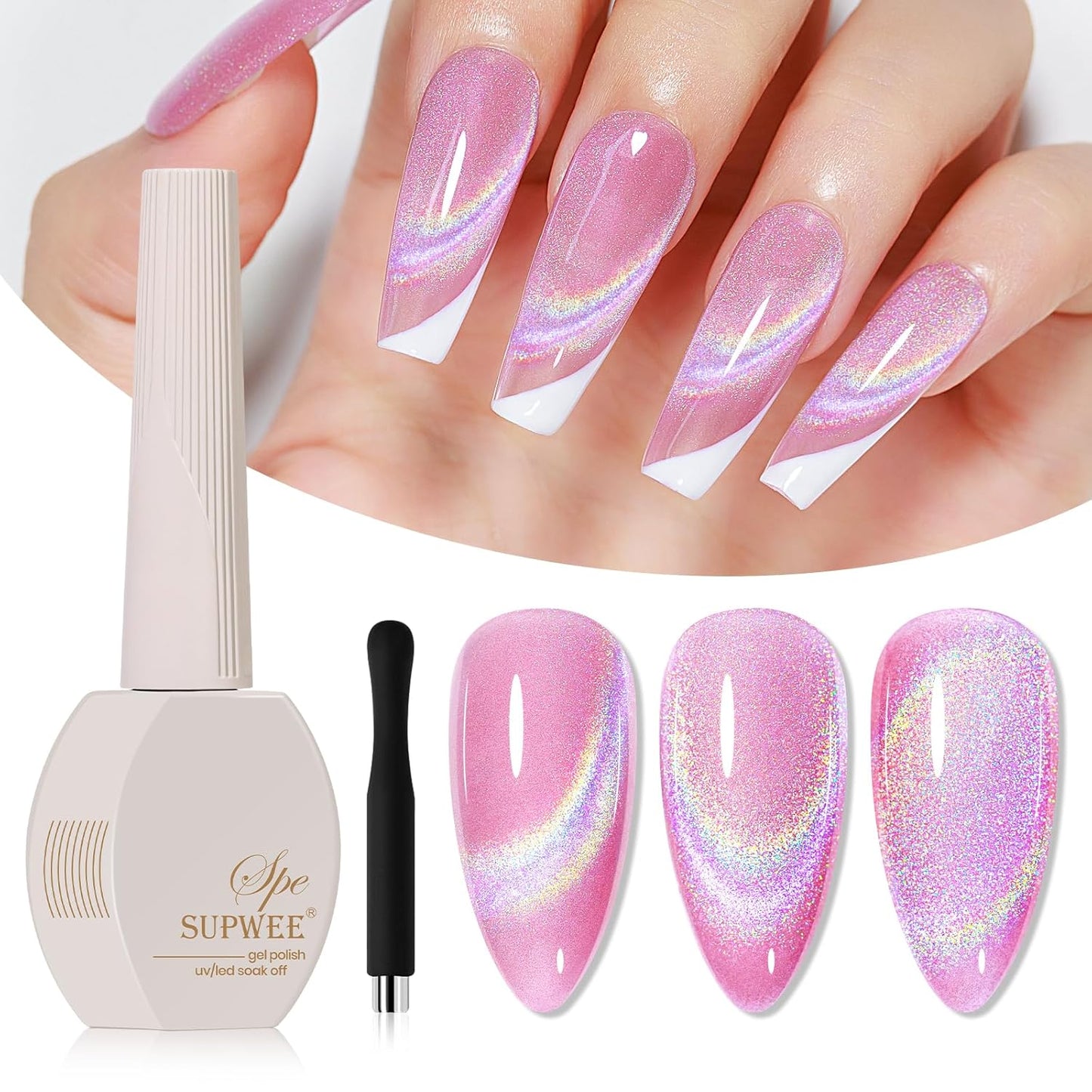 Pink Rainbow Cat Eye Gel Nail Polish Glitter Holographic Gel Polish with Magnetic Stick for a Glittery Iridescent Galaxy Effect Soak Off UV Lamp Perfect for Nail Art & DIY Manicures at Home