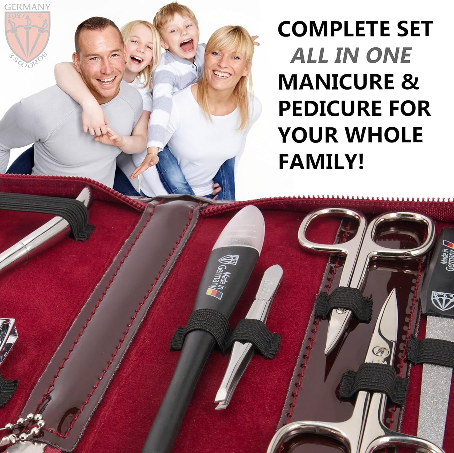 3 Swords Germany - brand quality 10 piece manicure pedicure grooming kit set for professional finger & toe nail care scissors clipper fashion leather case in gift box, Made by 3 Swords (6226)