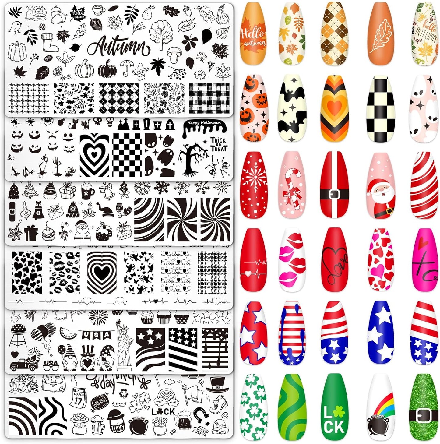 Whaline 6Pcs All Holiday Nail Art Plates Valentines StampTemplates Set Winter Christmas Fall Nail Plates Stamping for Xmas DIY Print Manicure Salon Design Gift