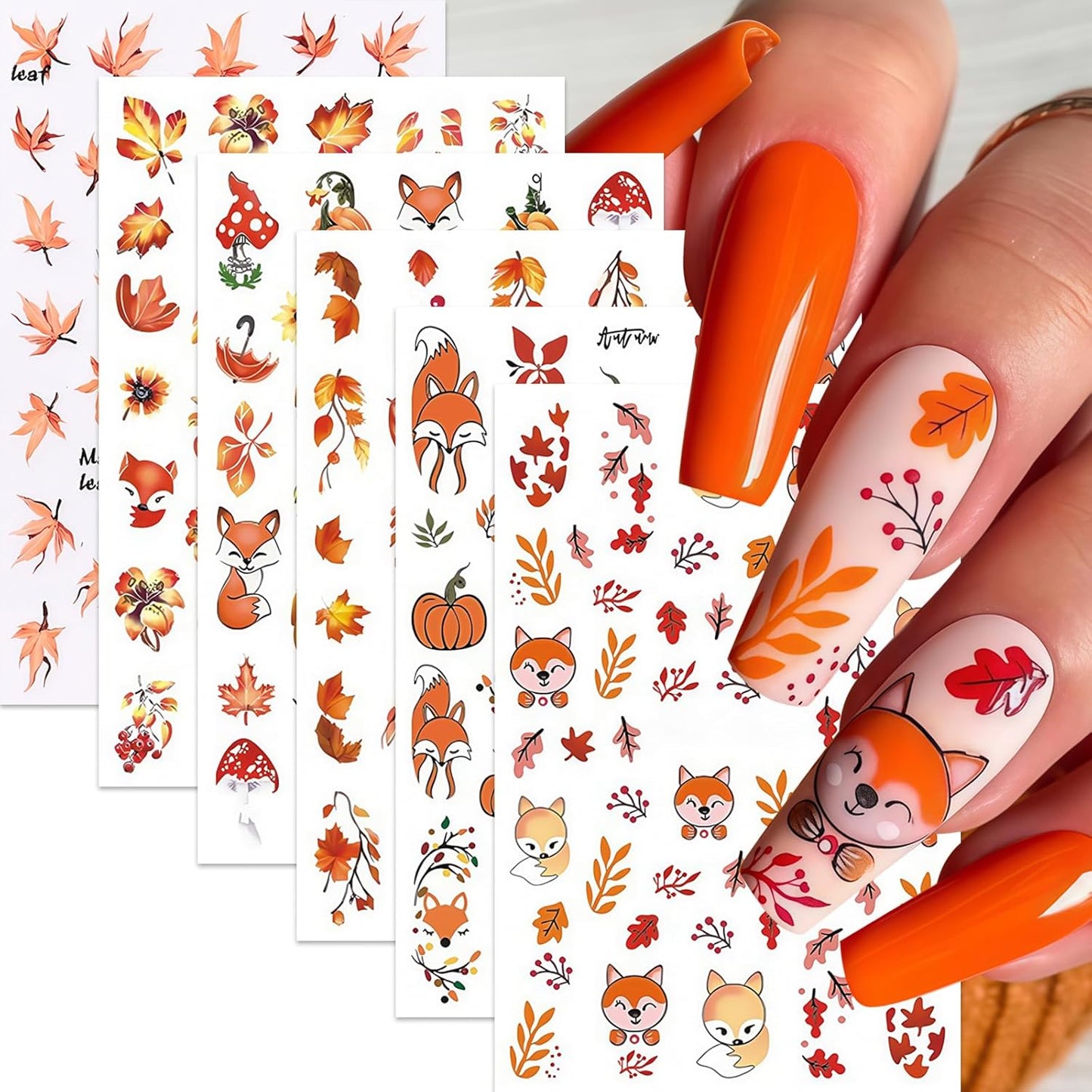 6Pcs Maple Leaf Nails Stickers,Fall Maple Leaf Nail Art Sticker Thanksgiving Pumpkin Nail Stickers for Nails Art Cute Fox Pine Mushroom Ginkgo Nail Decals Leaf Nails Design Nail Supplies for Women