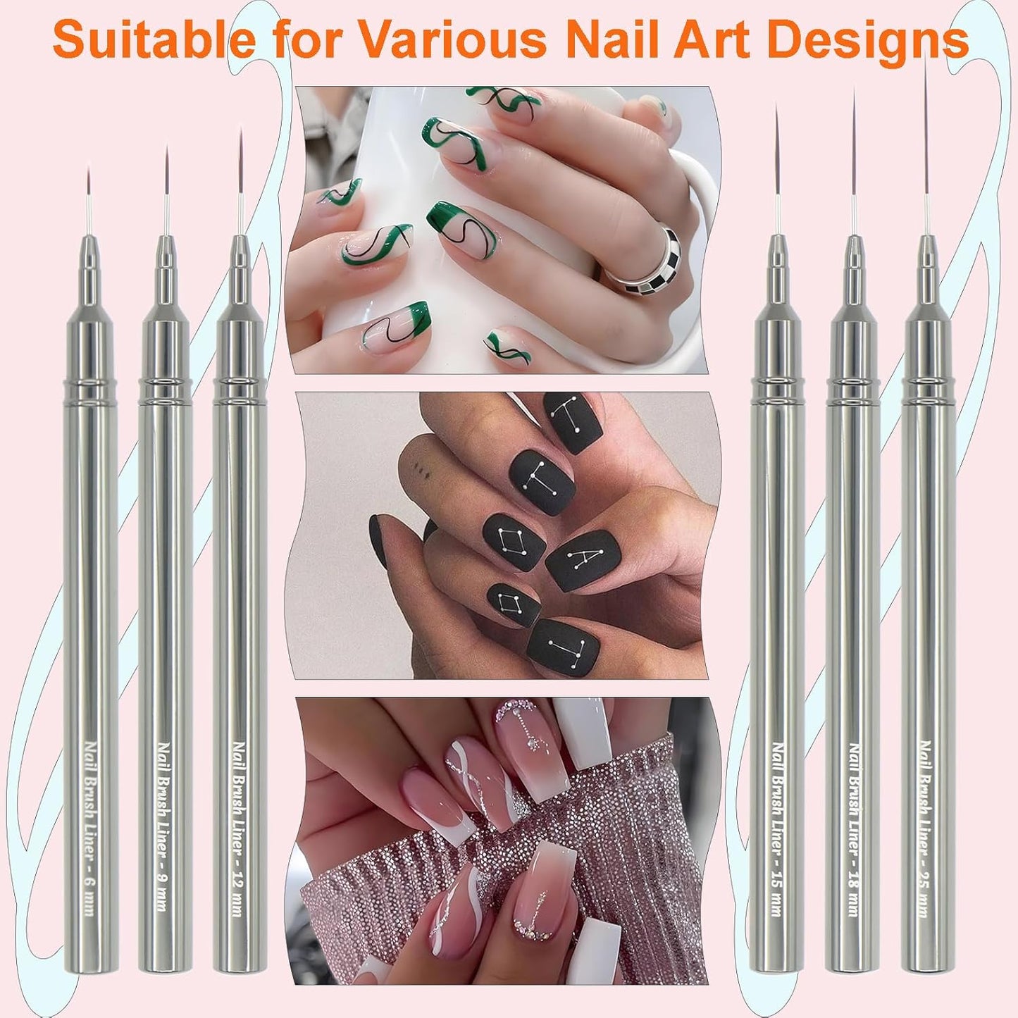 MYR 6Pcs Nail Art Liner Brushes and 2Pcs Nano Nail Files, Metal Nail Art Brushes, Nail Art Pens, Nail Art Tools, suitable for Long Lines, Thin Details, Fine Drawing Sizes 6/9/12/15/18/25mm