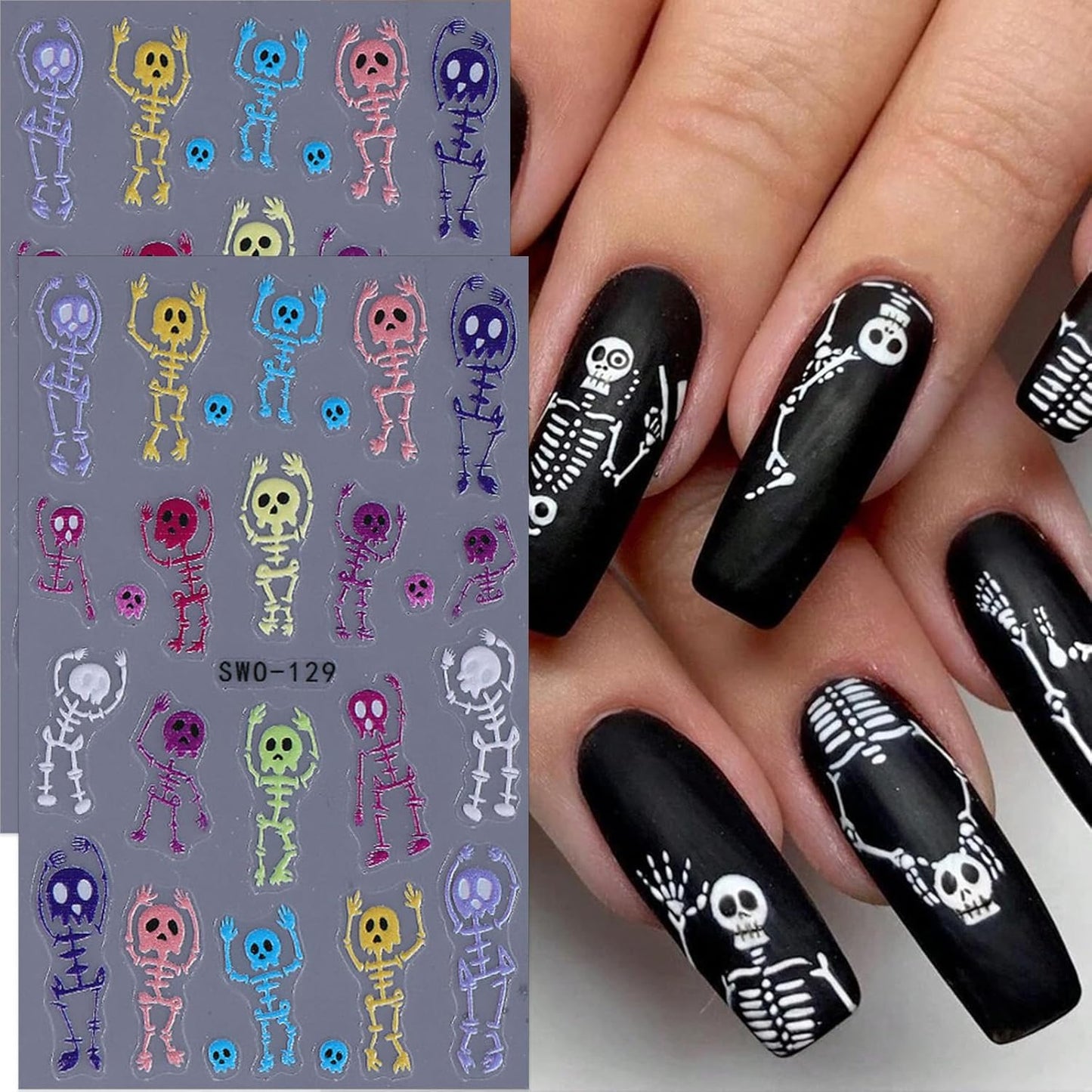 Halloween Skull Nail Stickers Cute 5D Nail Art Stickers 3PCS Self-Adhesive Colorful Embossed Skeleton Design Spooky Nails Manicure Accessories Holiday Nail Charms for Women Nail Decorations Nail Art