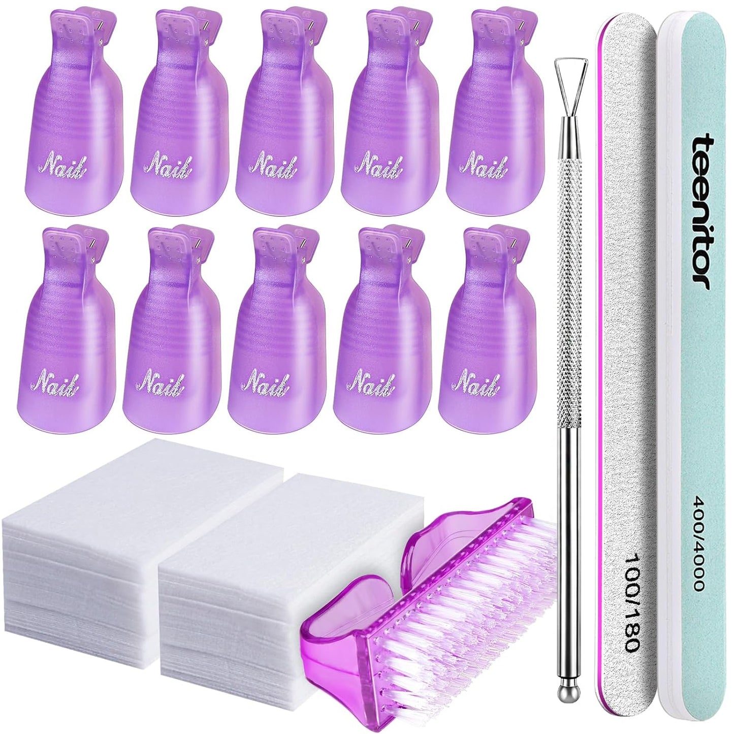 Teenitor Nail Polish Gel Remover Tools Kit with Nail Clips Nail Remover Pads Cuticle Pusher Nail Brushes Nail File Grits 120/180 Buffer Block Grits 400/4000, 6 Pack Purple