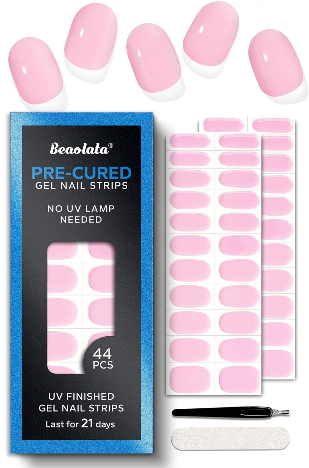 Pre Cured Gel Nail Strips - 44PCS Salon Quality Gel Nail Stickers - Long Lasting Polish Wraps for Women no UV Light Needed Easy Apply& Remove (Pure Pink)