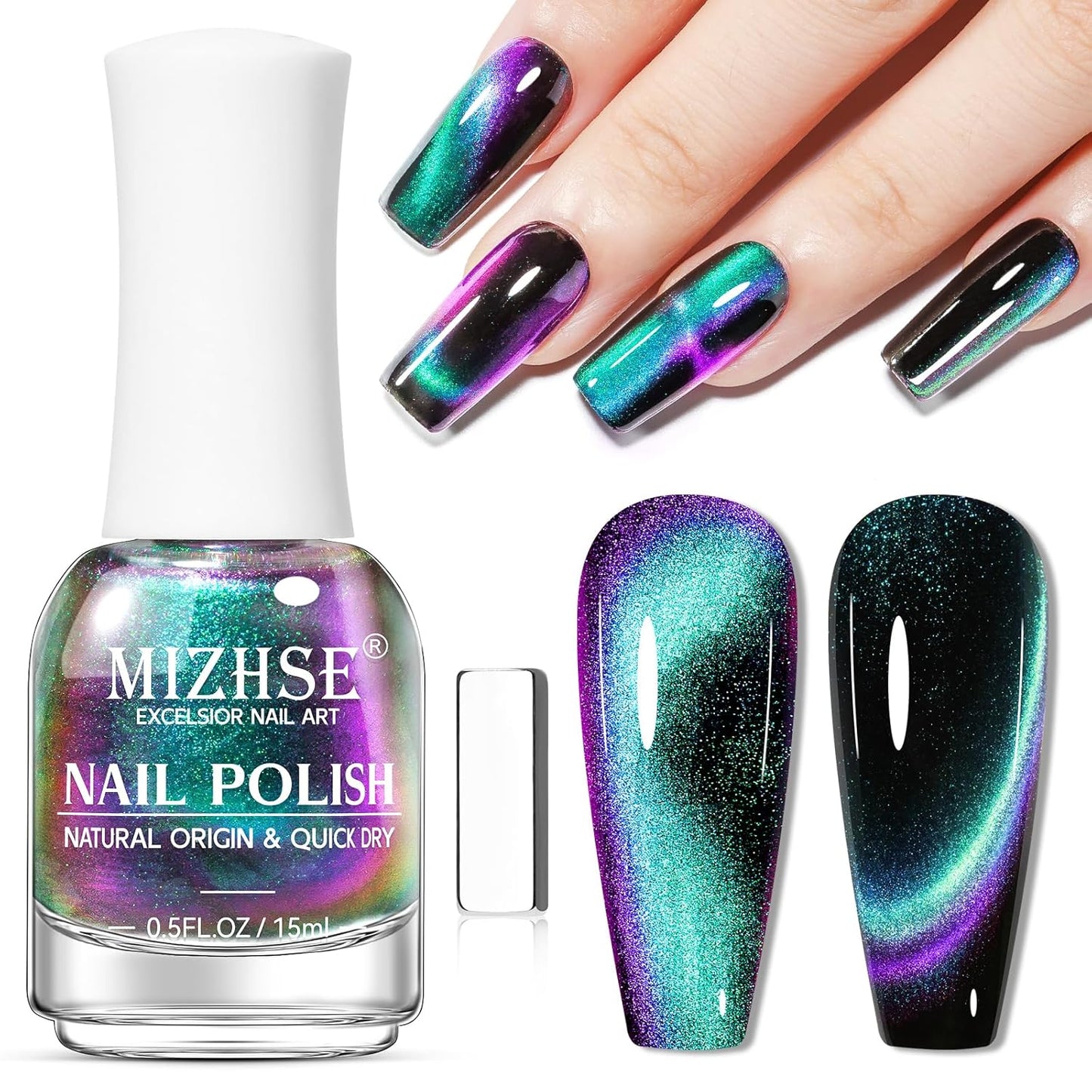 MIZHSE Quick Dry 9D Cat Eye Nail Polish Non Gel, Green to Purple Magnetic Nail Polish with Magnet, Air Drying Fast Cateye Nail Lacquer Galaxy Effect Manicure Home Gift for Women 15ml