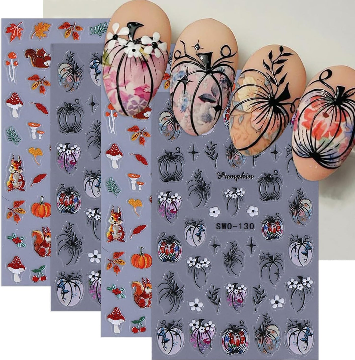 Fall Nail Stickers 5D Pumpkins Nail Decals 4PCS Self-Adhesive Embossed Halloween Nail Art Maple Leaf Mushroom Fox Design Holiday Nail Charms Autumn Thanksgiving Day DIY Manicure Supplies for Women