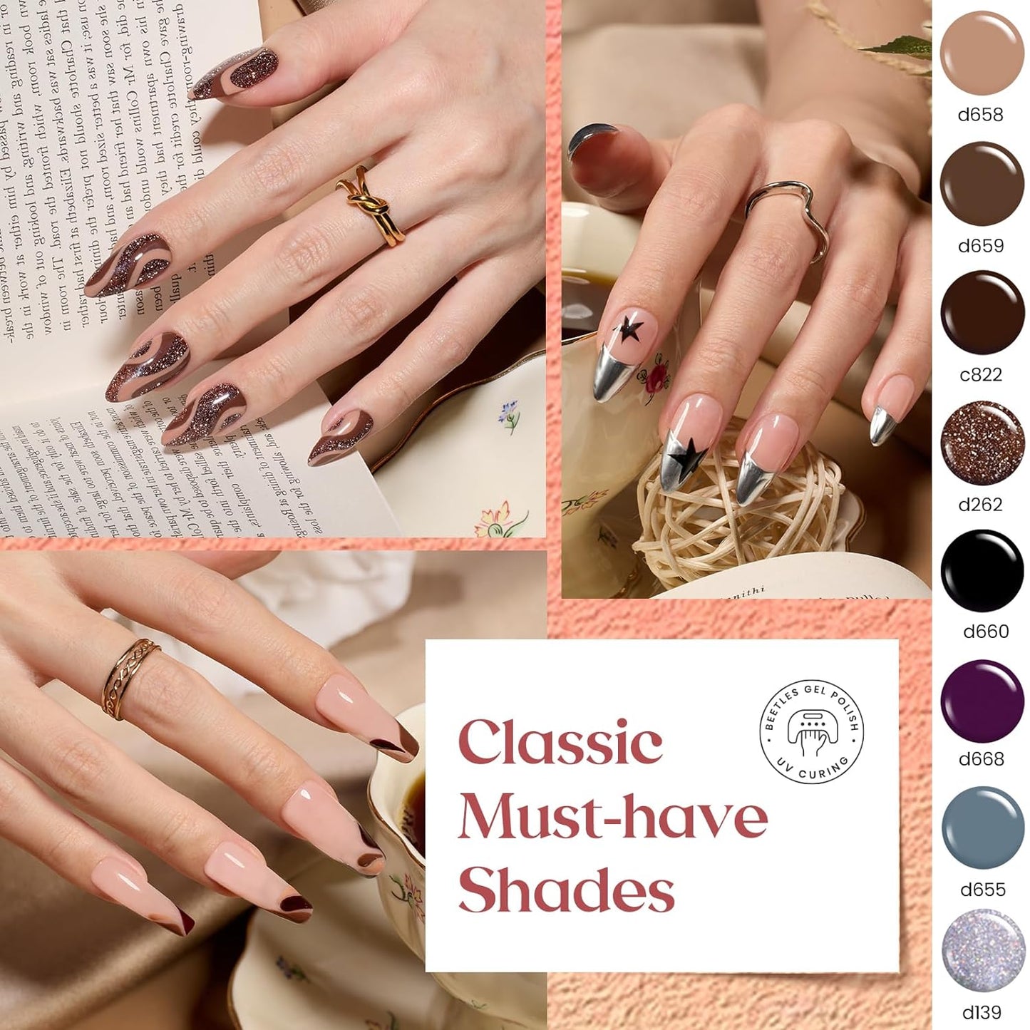 Beetles Gel Polish Liner Nail Art Set, 50 Colors Spring Summer Reflective Glitter Pink Red Blue Green Silver Gel Polish Soak Off UV Built Thin Brush in Bottle Nail Design Polish Rainbow Nails