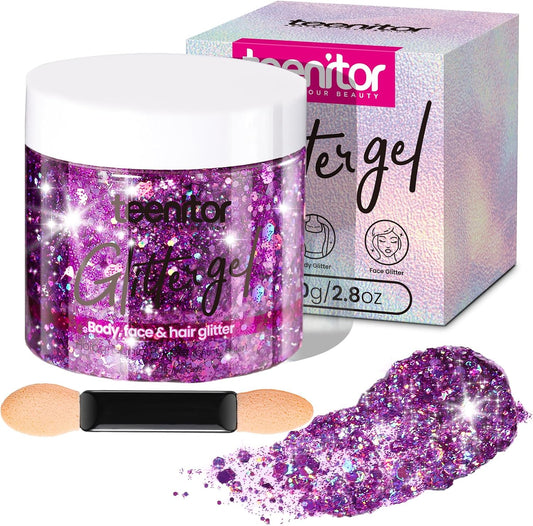 Teenitor Body Glitter, Face Glitter, Hair Glitter Gel, 80g/2.8oz Makeup Rave Purple Glitter Gel for Face and Body